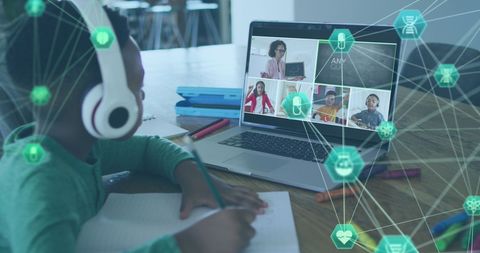 Child Engaged in Virtual Learning with Interactive Digital Icons - Download Free Stock Images Pikwizard.com