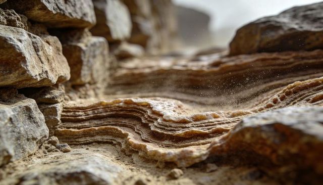 Wind-carving layered sandstone outcrop with rising dust and textured strata