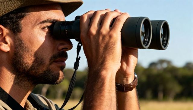 Wildlife Observer Scanning Grassland with Binoculars at Golden Hour