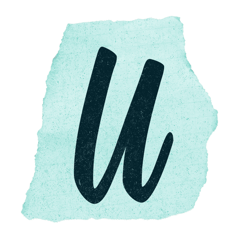 Brushstroke letter u on torn teal paper with transparent background