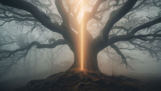 Ethereal tree with golden light beam in foggy forest