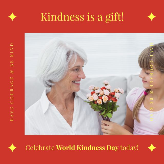 This image features a joyful moment where a grandmother receives flowers from her granddaughter, captured in a warm, red-themed greeting card for World Kindness Day. Ideal for use in social media posts, blogs, and greeting cards celebrating kindness and family connections.