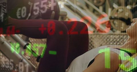 Woman exercising with stock market ticker overlay symbolizing health and finance