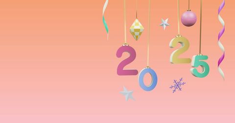 2025 Festive Decoration with Hanging Baubles on Pink Background