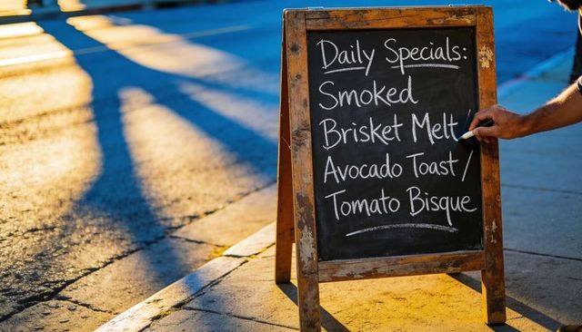 Handwriting daily specials on weathered chalkboard aframe outside cafe at golden hour