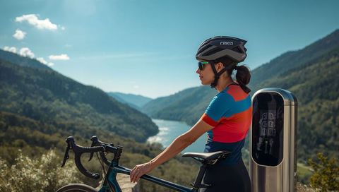 Female cyclist posing with road bike at mountain overlook near electric charging station