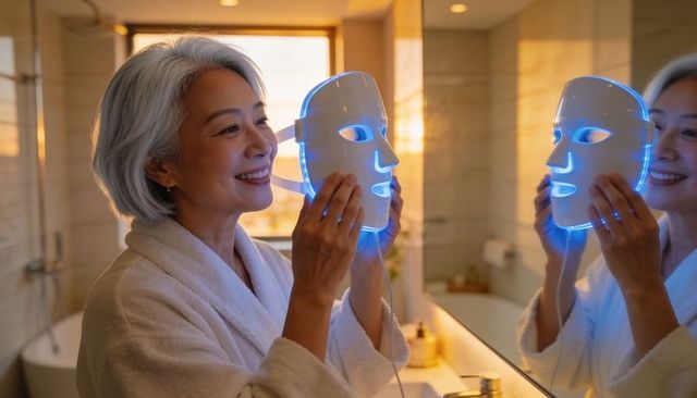 Senior asian woman applying led light therapy facial mask at bathroom mirror, smiling