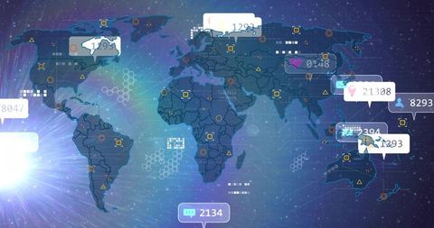 Futuristic World Map Dashboard Showing Real-Time Geospatial Analytics and Social Metrics