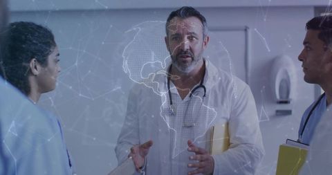 Doctor briefing medical team with holographic globe overlay for global health collaboration