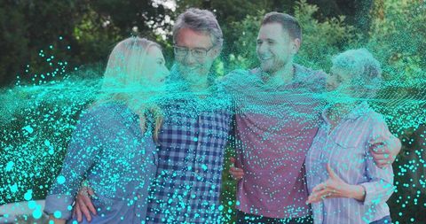 Multigenerational family linking arms with turquoise particle wave representing digital bond