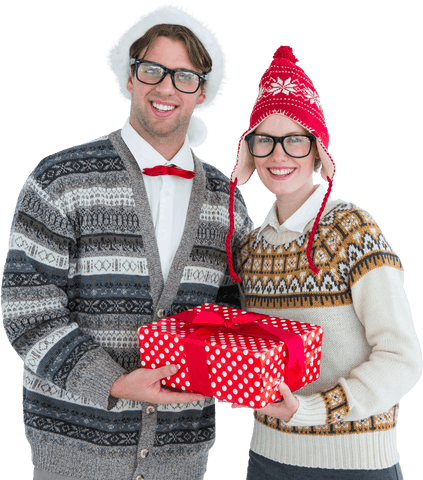 transparent smiling couple holding gifts in festive sweaters during christmas - Download Free Stock Videos Pikwizard.com