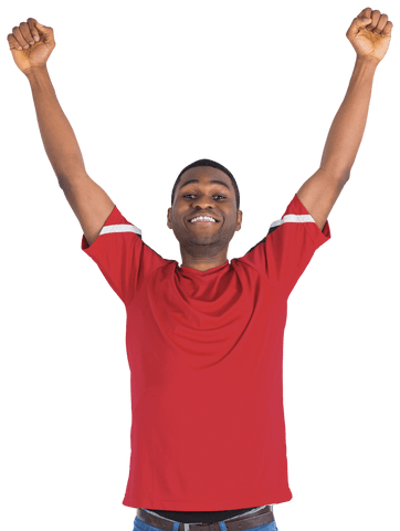 Elated Football Fan Cheering with Arms Raised Transparent Background
