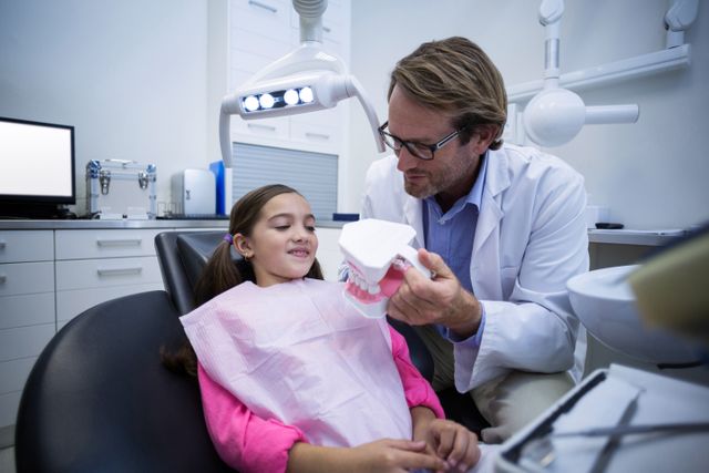 Dentist showing model teeth to patient in dental clinic