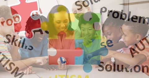 Teacher engaging with diverse students for autism awareness