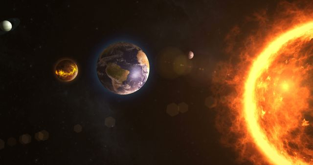 Shows planets of the solar system with Earth prominently featured, aligned with the bright, fiery sun on the right. Useful for educational content about astronomy, space exploration projects, science presentations, and universe studies.