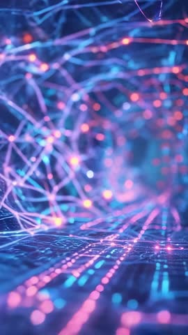 Vertical neon mesh corridor with pulsating nodes and moving camera for futuristic tech