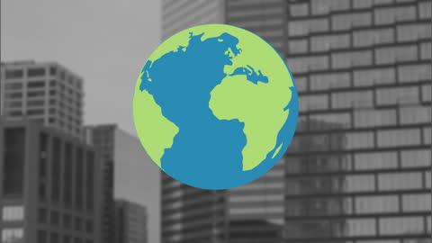 Colorful Globe Overlay with Urban Cityscape Background