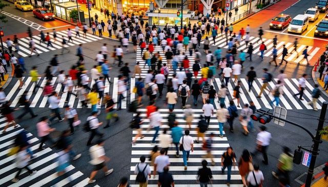 Commuters crossing busy scramble intersection at dusk with motion blur and zebra crosswalks