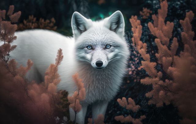 White arctic fox standing amidst vibrant autumn foliage in a mysterious enchanted forest. This serene wildlife scene captures the fox's elegant features and the colorful surrounding nature. Ideal for use in nature documentaries, fantasy artwork, and storytelling platforms depicting wildlife, autumn, and mythical creatures.
