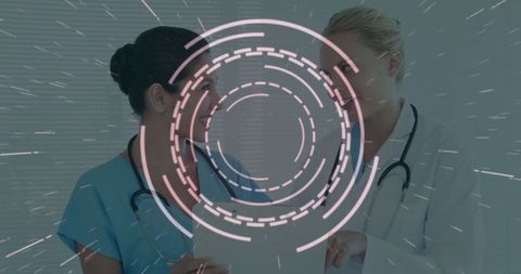 Medical Team Discussing Patient Diagnosis with Digital Overlay