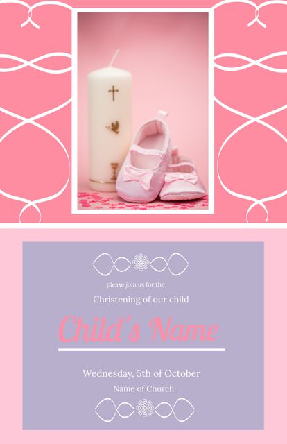 Pink and Purple Christening Invitation with Candle and Baby Shoes - Download Free Stock Templates Pikwizard.com