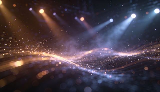 Shimmering particle wave on studio stage with cinematic spotlights and ethereal bokeh glow