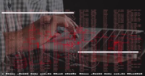Digital data analysis with laptop overlayed with binary code