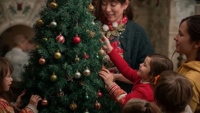 Family Decorating Christmas Tree with Festive Joyful Atmosphere