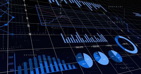 Displaying futuristic 3D data dashboard with neon blue charts, pie graphs, binary overlay