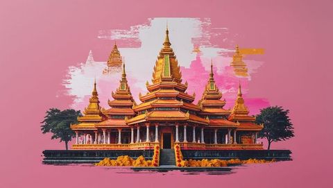 Ornate Golden Temple with Decorative Spires on Pink Abstract Background