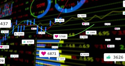 Social Engagement Badges Overlaying Financial Data Visualizations with Neon Analytics Theme