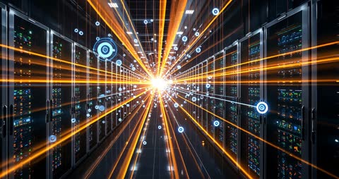 Digital Data Plume Expanding in Futuristic Server Corridor