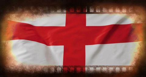 Waving st george's cross flag with cinematic filmstrip border and grunge vignette