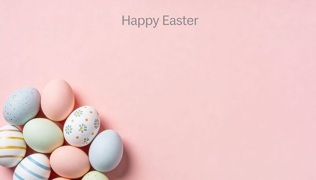 Pastel easter egg cluster on pink background with happy easter greeting and copy space