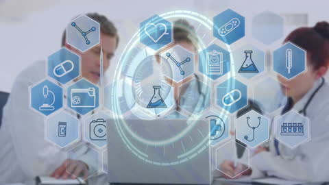 Medical Professionals Discussing Reports with Digital Interface Overlay