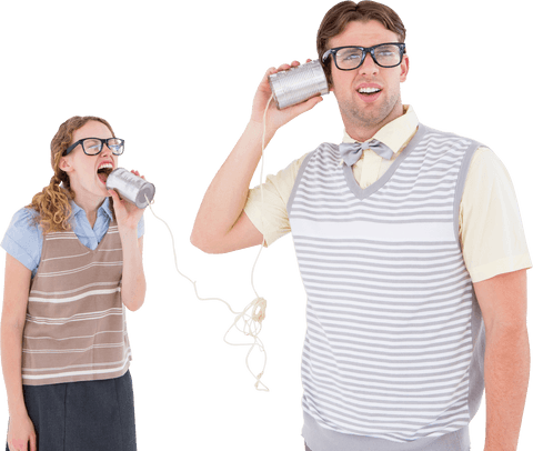 Geeky Couple Communication with Tin Can Phones Transparent Background - Download Free Stock Videos Pikwizard.com