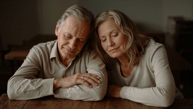 Senior couple resting together showing wedding band tender intimate moment at wooden table