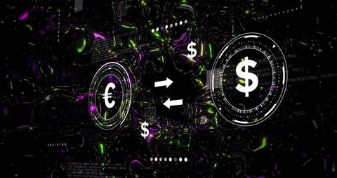 Futuristic Euro Dollar Exchange HUD with Neon Cyber Background and Digital Arrows