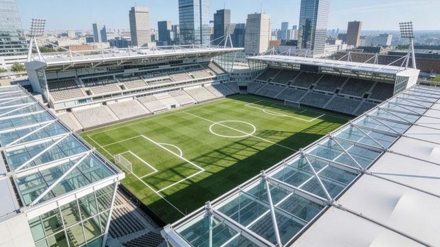 Empty modern soccer stadium featuring glass canopies and urban skyline aerial view