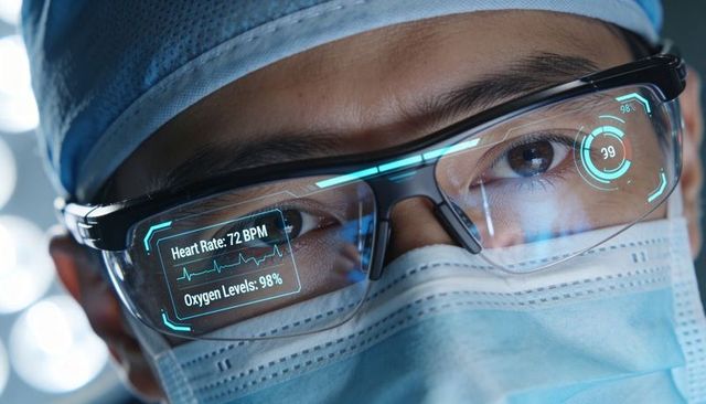 Surgeon wearing ar smart glasses monitoring patient vitals with hud in operating room