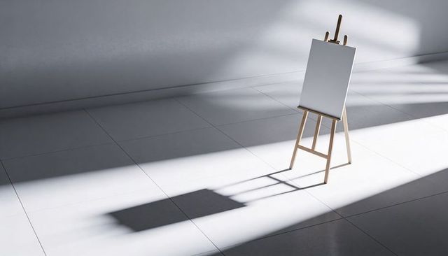 Blank canvas on wooden easel casting dramatic sunbeam shadow in minimalist studio space