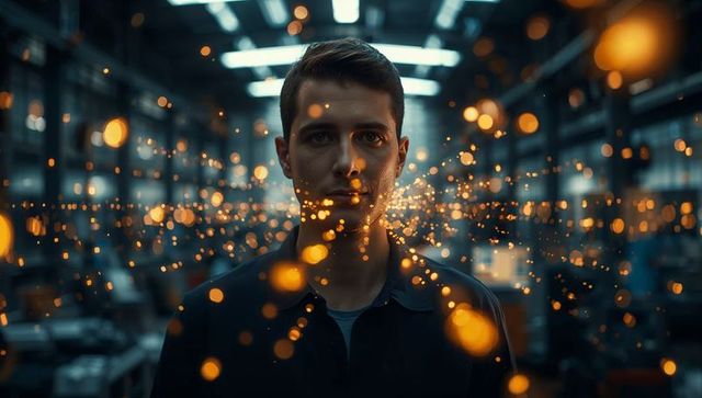 Cinematic Technician Standing in Workshop Surrounded by Golden Bokeh Particles and Moody Glow