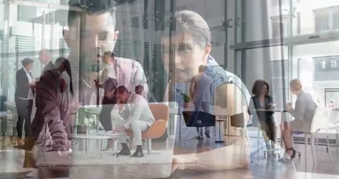 Team Collaborating in Modern Workspace with Overlay Effect