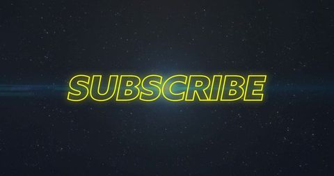 Glowing neon yellow subscribe typography with blue lens flare over starfield endscreen