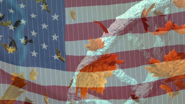 Conceptual illustration blending elements of genetics and American patriotism. Displaying a DNA strand interspersed with the American flag background and autumn leaves falling. Suitable for themes related to biotechnology, genetic research, national pride, autumn season, scientific discoveries, presentations, and posters for educational or patriotic events.