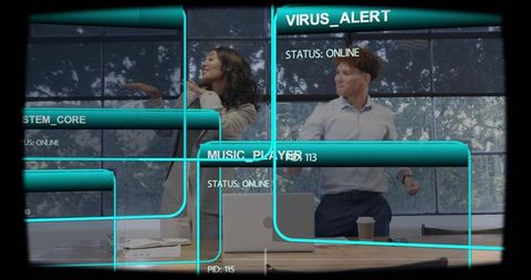 Diverse coworkers dancing in modern conference room with futuristic cyan interface overlay
