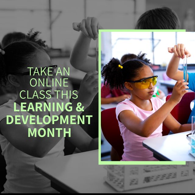 Ideal for promoting educational programs, this photograph captures young African American students actively participating in a science experiment. They are seated in a classroom wearing safety goggles, symbolizing engagement in STEM activities. This image is perfect for campaigns advocating online classes, education advancement, or Learning & Development Month initiatives.