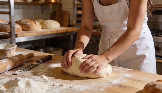Kneading artisan bread dough by female baker on floured wooden bench in busy bakery kitchen