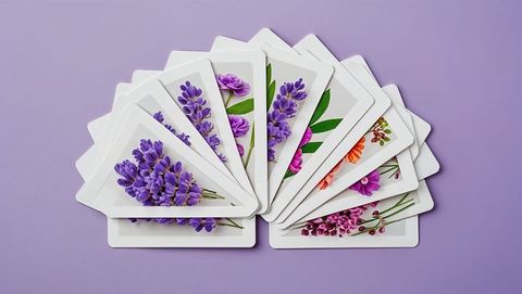 Fanned botanical cards on lavender background highlight floral art
