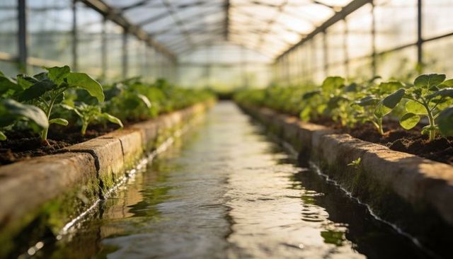 Greenhouse irrigation channel flowing between mossy brick beds with seedlings at sunrise